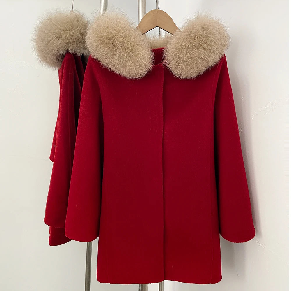 OFTBUY New Women's Wool Coat with Large Real Fox Fur Hooded Trim Long Sleeve Warm Winter Elegant Fashion Outerwear Woolen Cape
