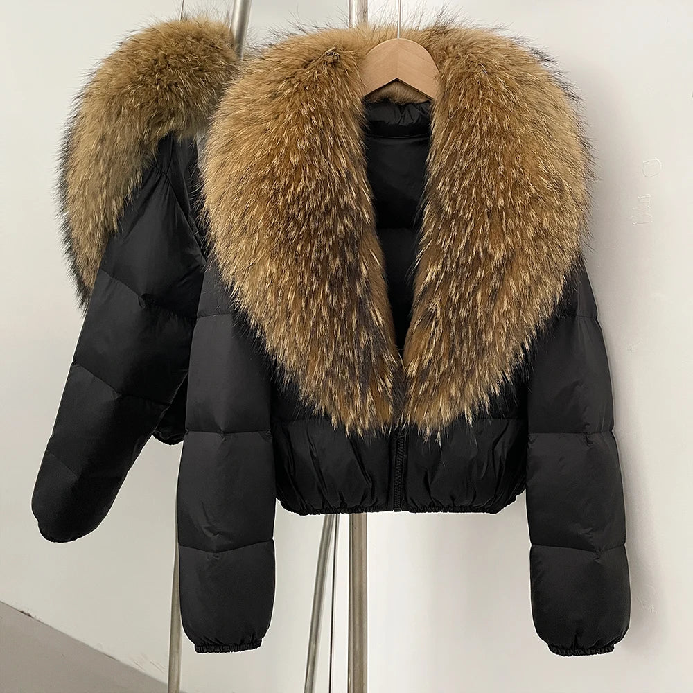 OFTBUY New Puffer Jacket Women with Large Natural Fox Fur Collar Short Fluffy Thick Parkas Female 90% White Duck Down Coat Lady