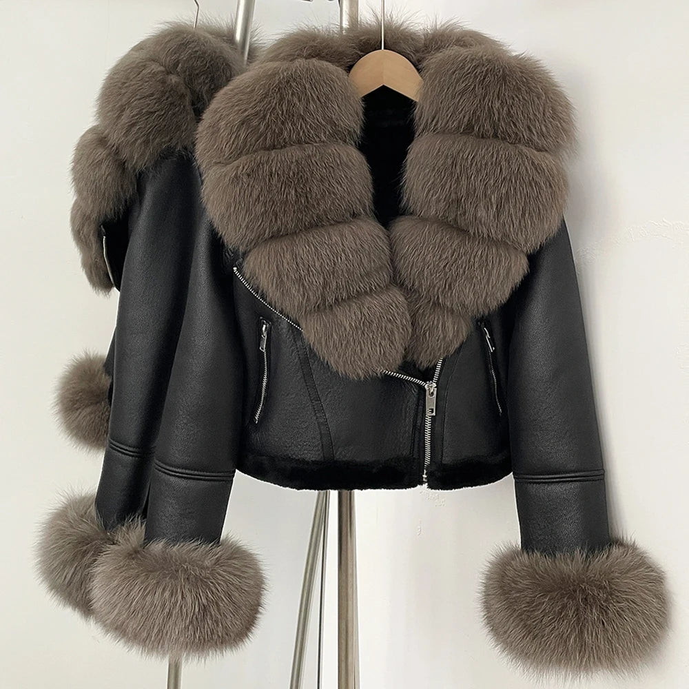 OFTBUY New Winter Real Fox Fur Collar and Cuffs Clothes Women Short Faux Leather Fake Fur Inner Jacket Female Thick Warm Coat