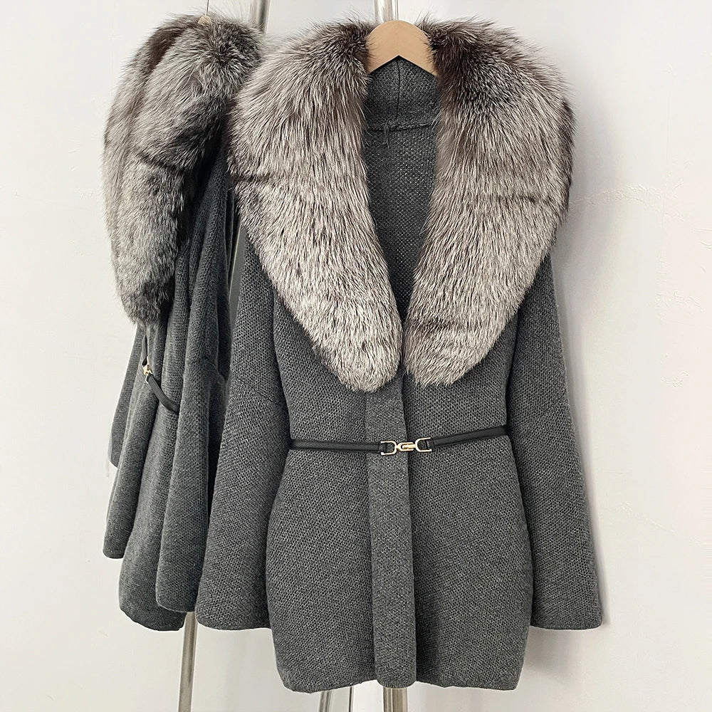 OFTBUY New Autumn Winter Luxury Fashion Outerwear Lady Women's Knit Coat with Large Real Fox Fur Collar Belt Textured Knit Warm