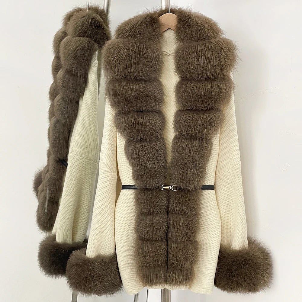 OFTBUY Belt Textured Knit Warm Winter Luxury Outerwear Female Sweater Cardigan New Women's Knit Coat with Large Real Fox Fur