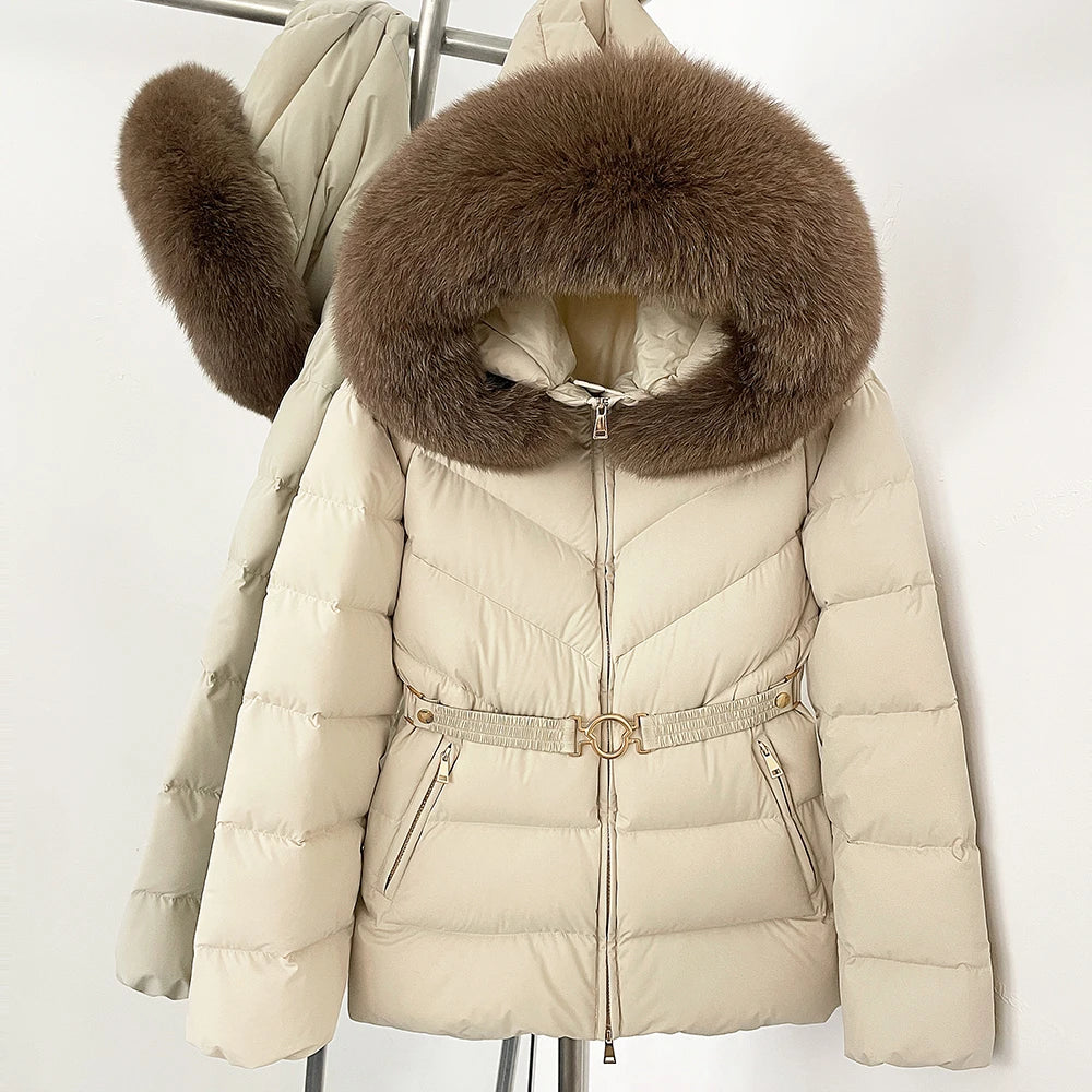 OFTBUY Belt Slim Hooded Real Fox Fur Collar Jacket Female New Winter Top Clothing Women Thickened Warm Raccoon Fur Fluffy Coat