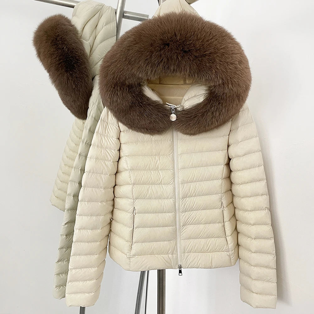 OFTBUY Hooded Slim Real Fox Fur Collar Fluffy Puffer Jacket Women New Winter Short Top Clothing Female Fur White Duck Down Coat