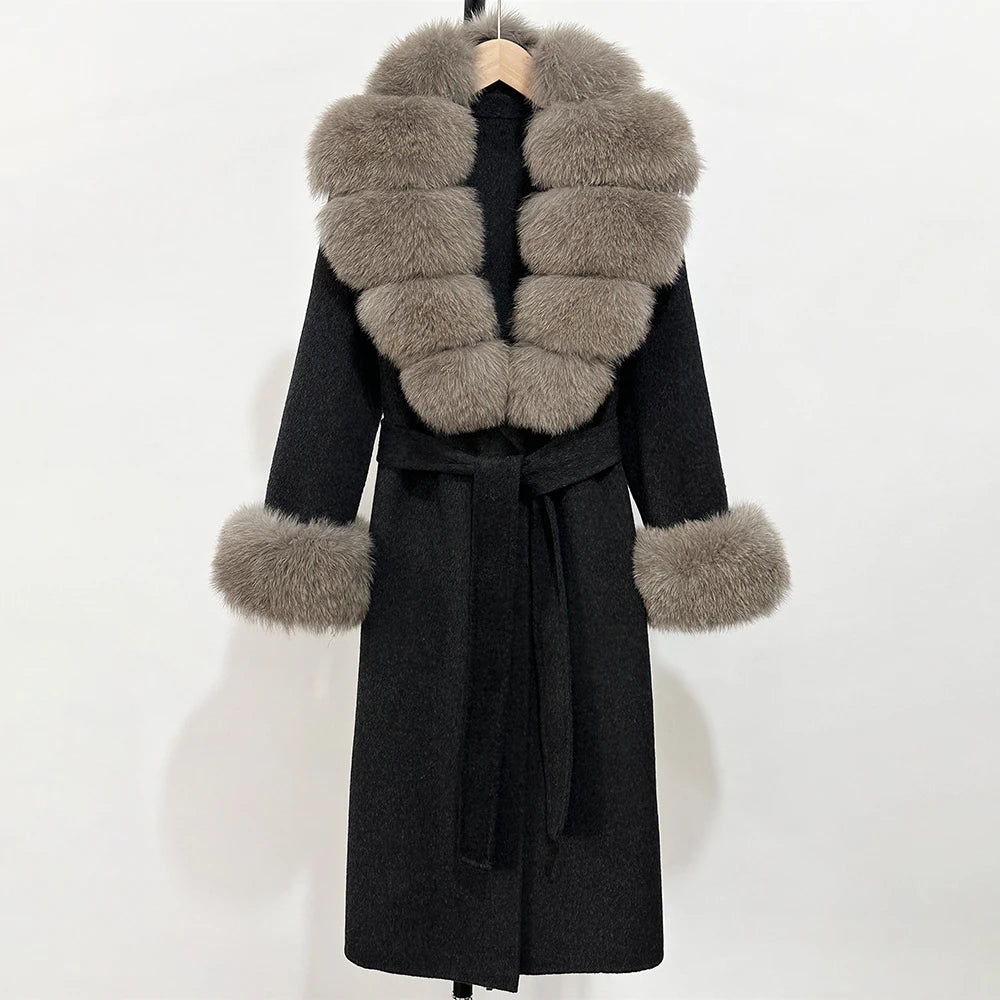 OFTBUY Fashion Warm Woolen Jacket with Real Fox Fur Collar and Cuffs New Autumn Winter Wool Clothing Women Long Belt Outerwear