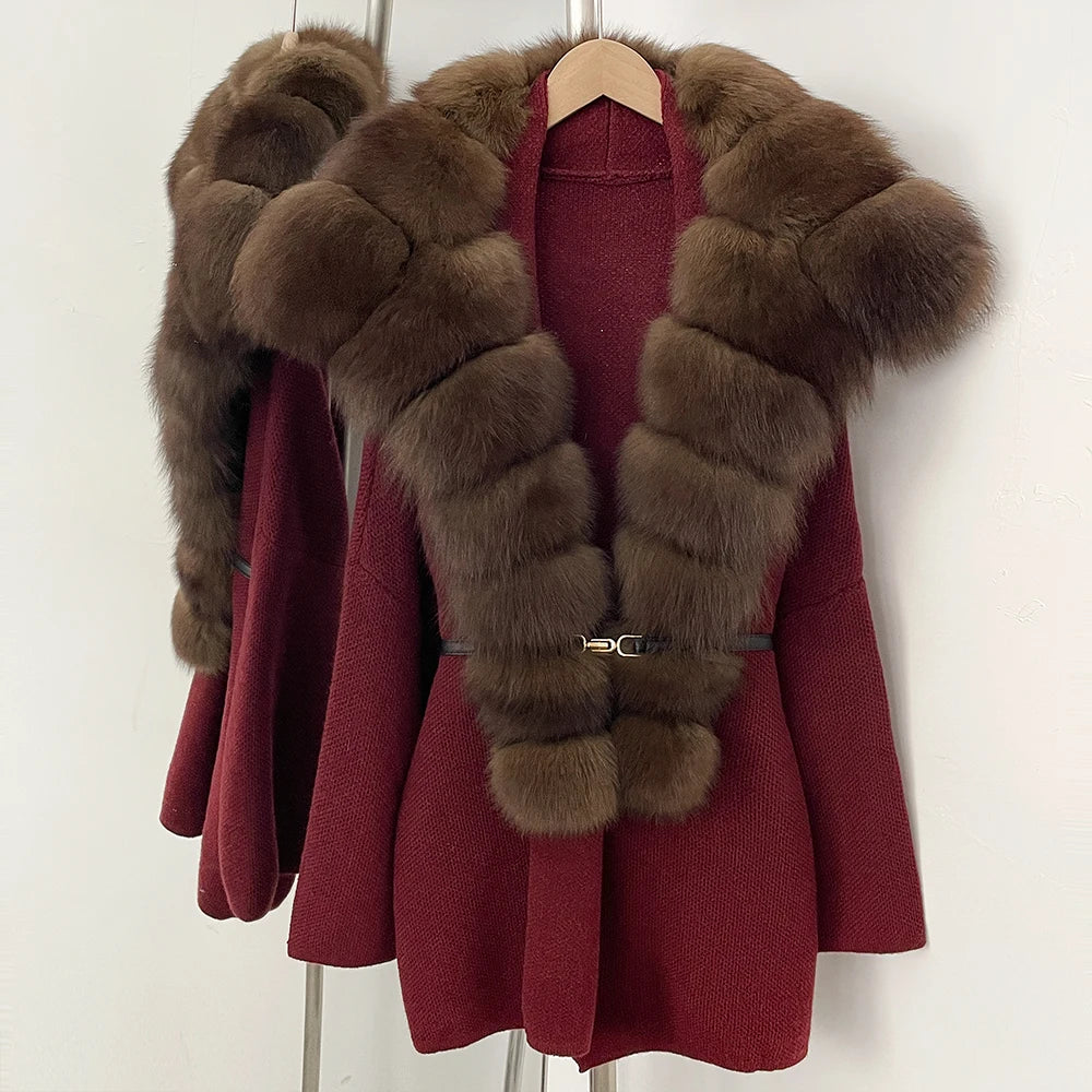 OFTBUY Fashion Belt Warm Sweater Female Natural Fur Loose Cadigan Coat Women Medium Length Knit Jacket with Real Fox Fur Collar