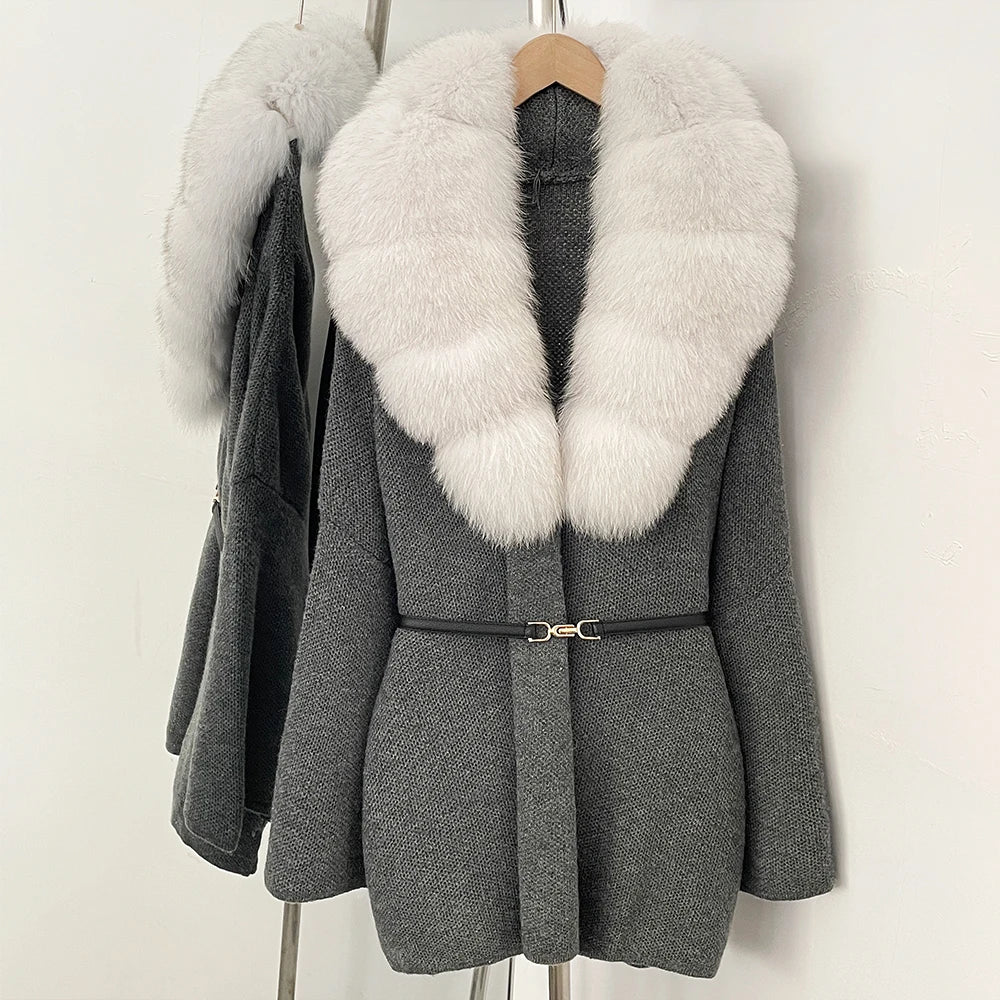 OFTBUY New Autumn Winter Luxury Fashion Outerwear Lady Women's Knit Coat with Large Real Fox Fur Collar Belt Textured Knit Warm