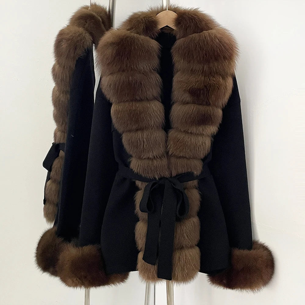 OFTBUY New Spring Autumn Clothing Women Fashion Real Fox Fur Kint Cardigan Female Belt Luxury Loose Fur Cuffs Sweater Jacket