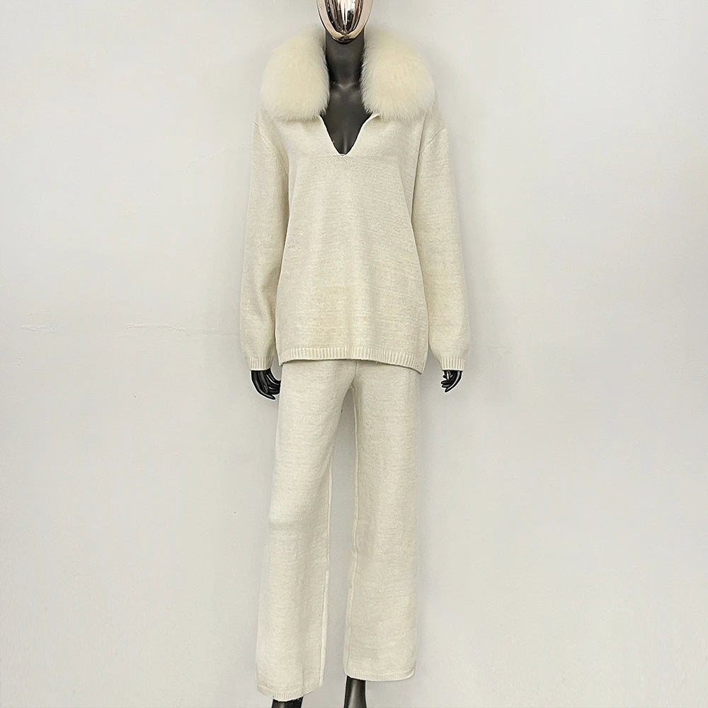 OFTBUY New Women's Knit Two Piece Set with Real Fox Fur Collar Loose Pants Warm Winter Elegant Casual Outfit Sweater Female