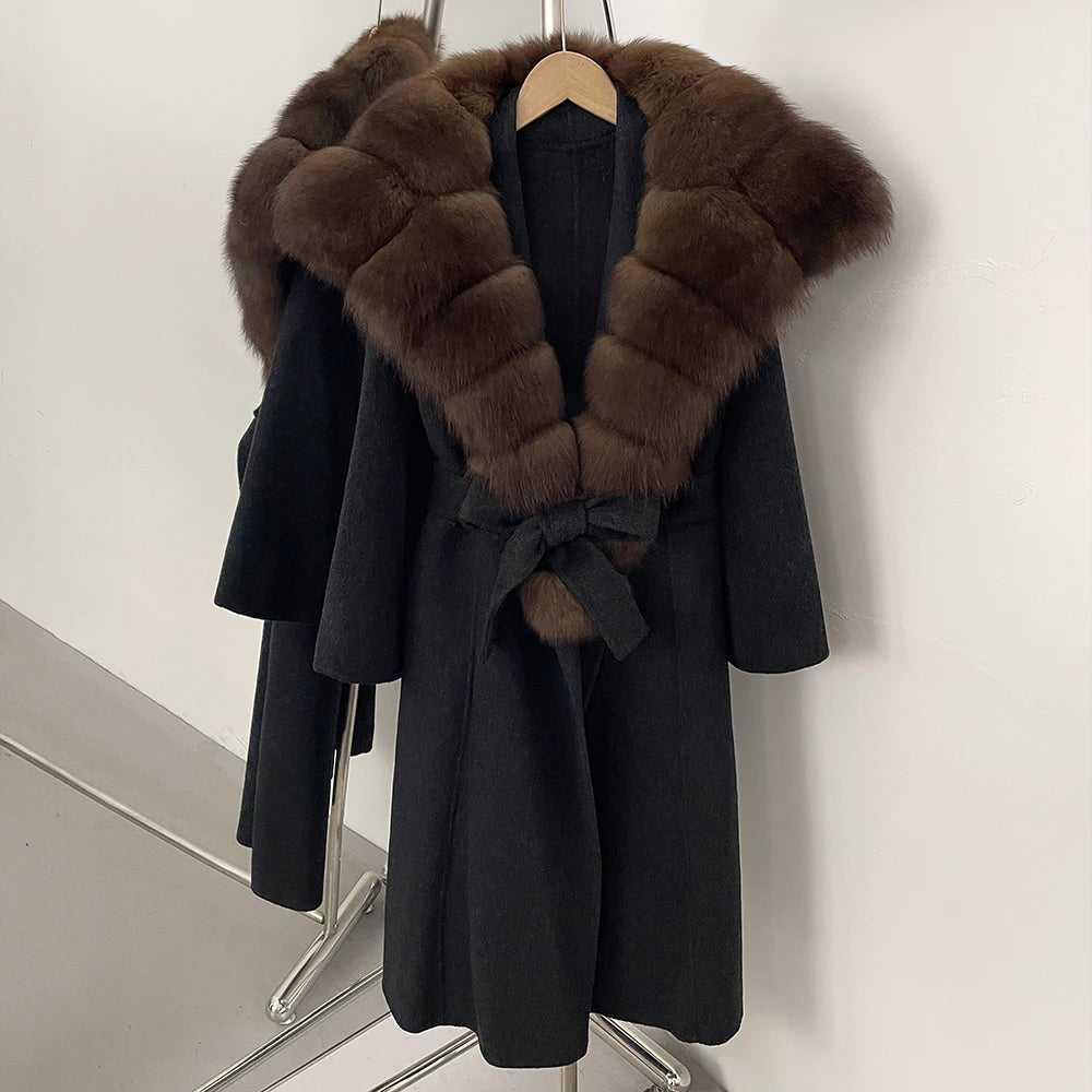 OFTBUY Long Belt Real Fur Wool Coat Female New Autumn Winter Warm Clothes Women Natural Fox Fur Collar Cashmere Woolen Jacket