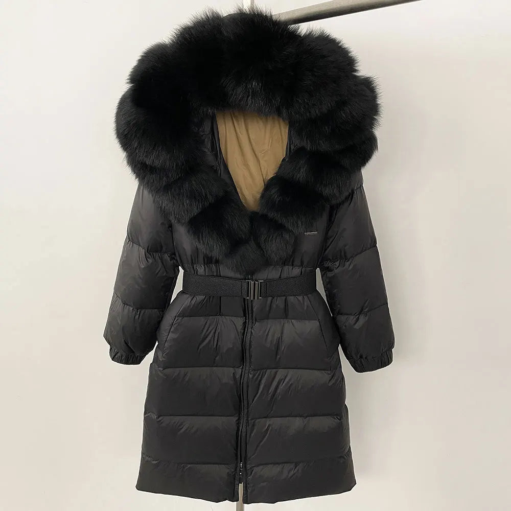 OFTBUY New Natural Thick Warm Duck Down Coat Female Long Winter Jacket Women Real Big Fox Fur Collar Belt Loose Puffer Parka