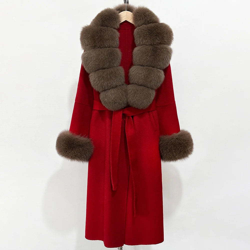 OFTBUY New Women's Double-Faced Wool Coat with Large Real Fox Fur Belted Warm Winter Luxury Fashion Outerwear Woolen Jacket Lady