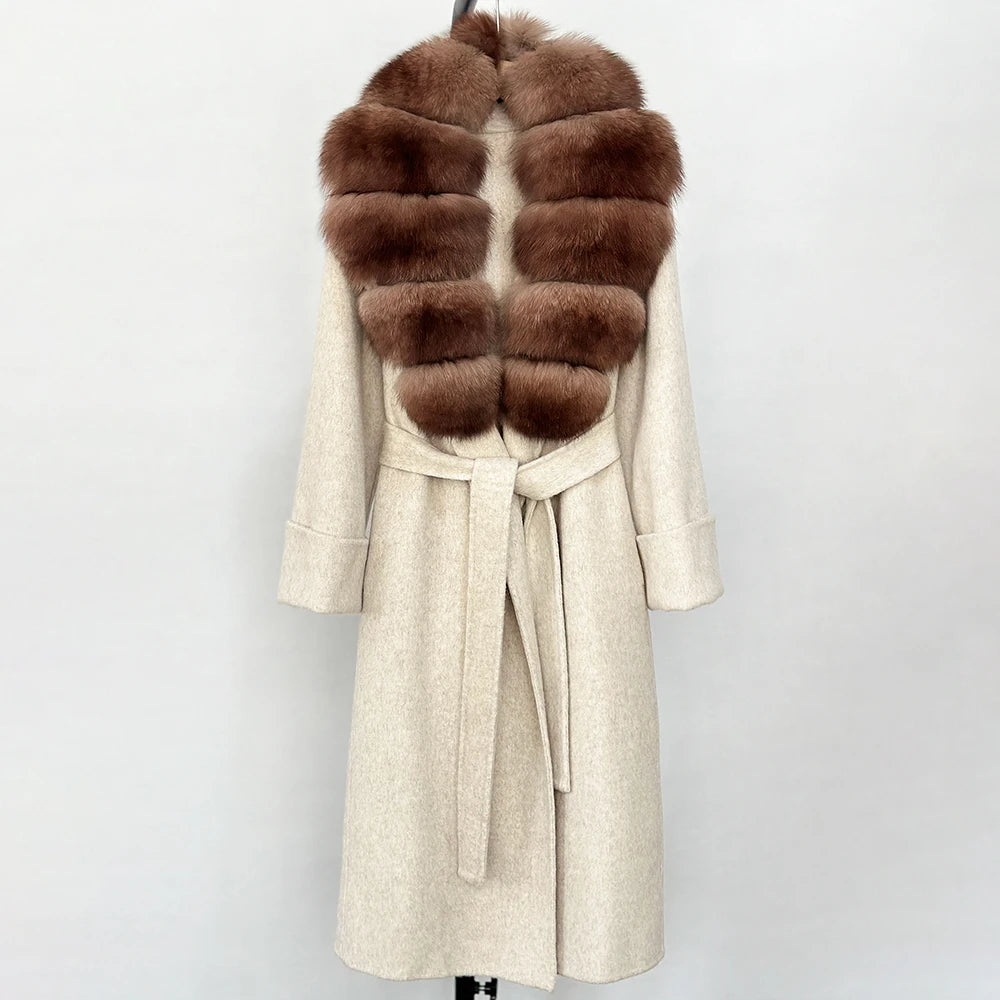 OFTBUY Long Belt 100% Wool Coat with Real Fox Fur Collar Warm Natural Fur Woolen Jacket Female New Autumn Winter Clothing Women