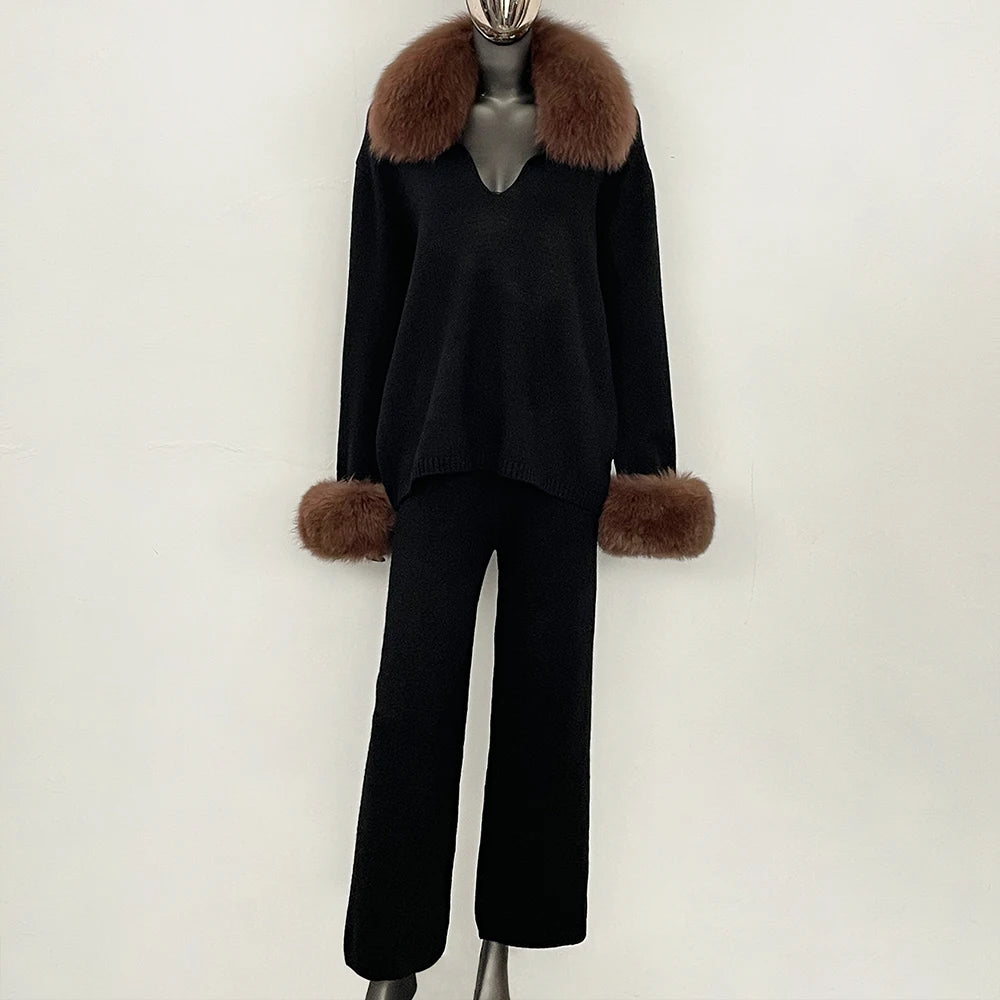 OFTBUY Loose Pants Warm Winter Elegant Casual Outfit Sweater Female New Women's Knit Two Piece Set with Real Fox Fur Collar