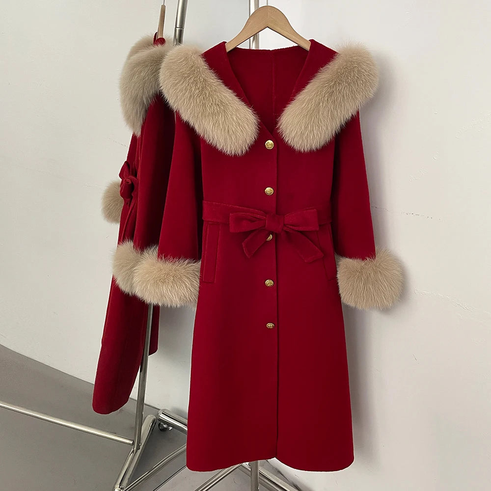 OFTBUY New Women's Wool Coat with Real Fox Fur Collar Cuffs Belted Waist Gold Button Elegant Winter Luxury Outerwear Female