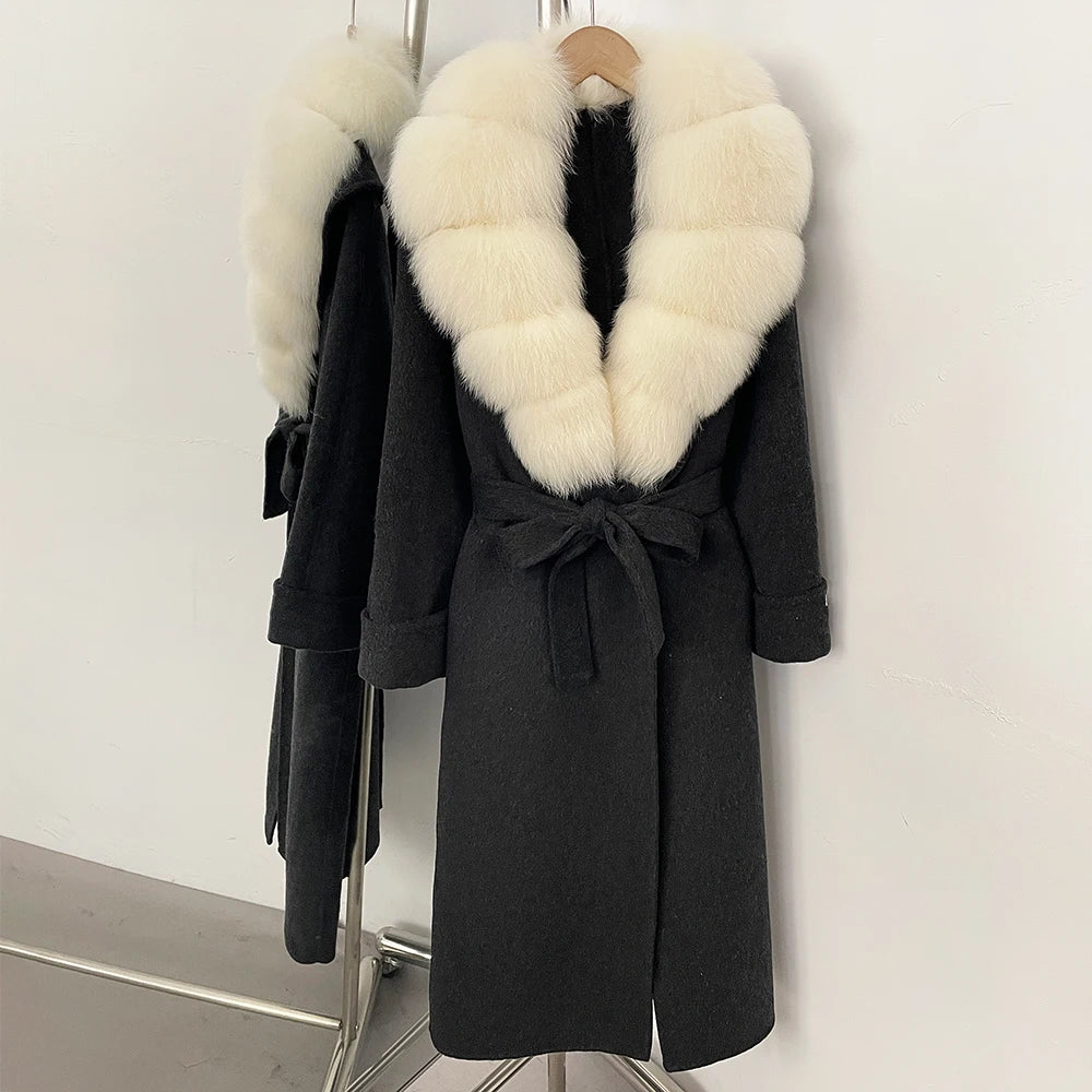 OFTBUY Belted Elegant Warm Outerwear Coat Female Women's Luxury Double-Faced Wool Jacket Winter Oversized Real Fox Fur Collar