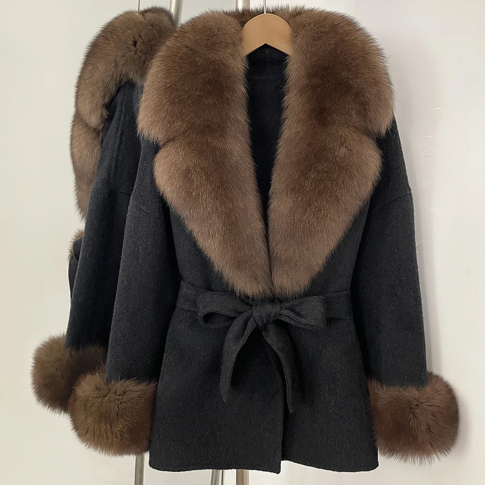 OFTBUY New Women's Double-Faced Wool Coat with Large Real Fox Fur Collar Cuffs Belted Warm Winter Elegant Fashion Outerwear Lady