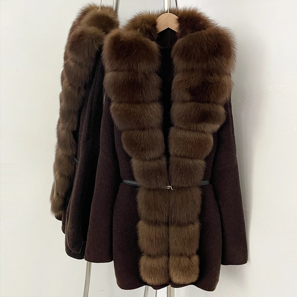OFTBUY Metal Belt Knit Warm Winter Luxury Fashion Outerwear Sweater Cardigan New Women's Knit Coat with Full Real Fox Fur Front