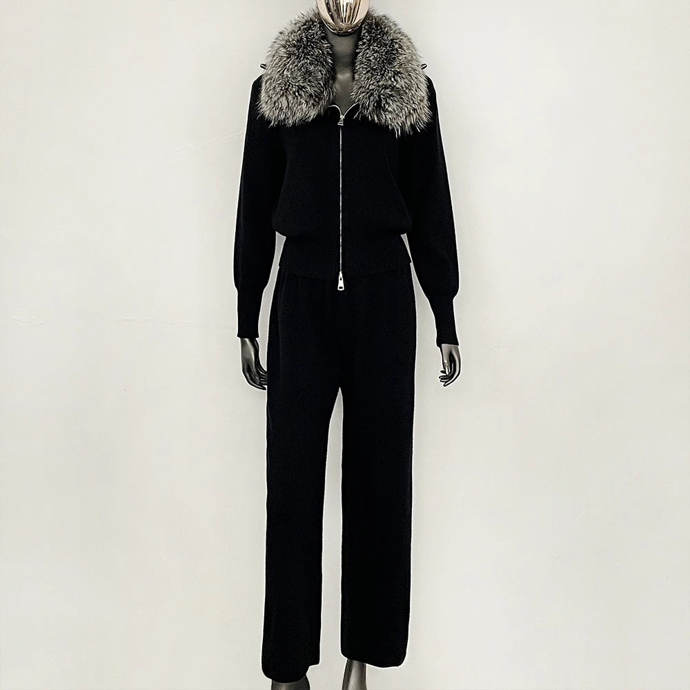 OFTBUY Winter New Women's Knitted Tracksuit Set with Fox Fur Collar Zipper Jacket Wide Leg Pants Luxury Casual Two-Piece Outfit