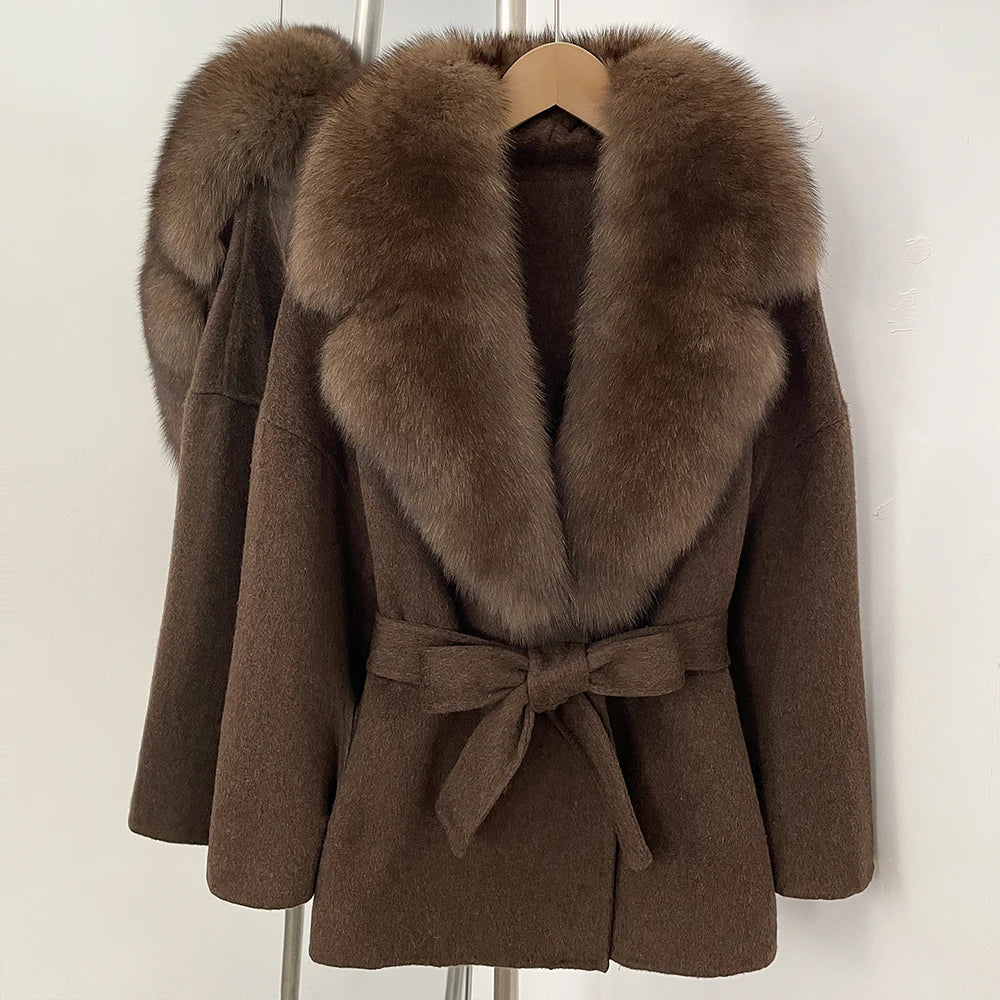 OFTBUY Belted Warm Winter Elegant Fashion Outerwear Lady New Women's Double-Faced Wool Coat with Large Real Fox Fur Collar Cuffs