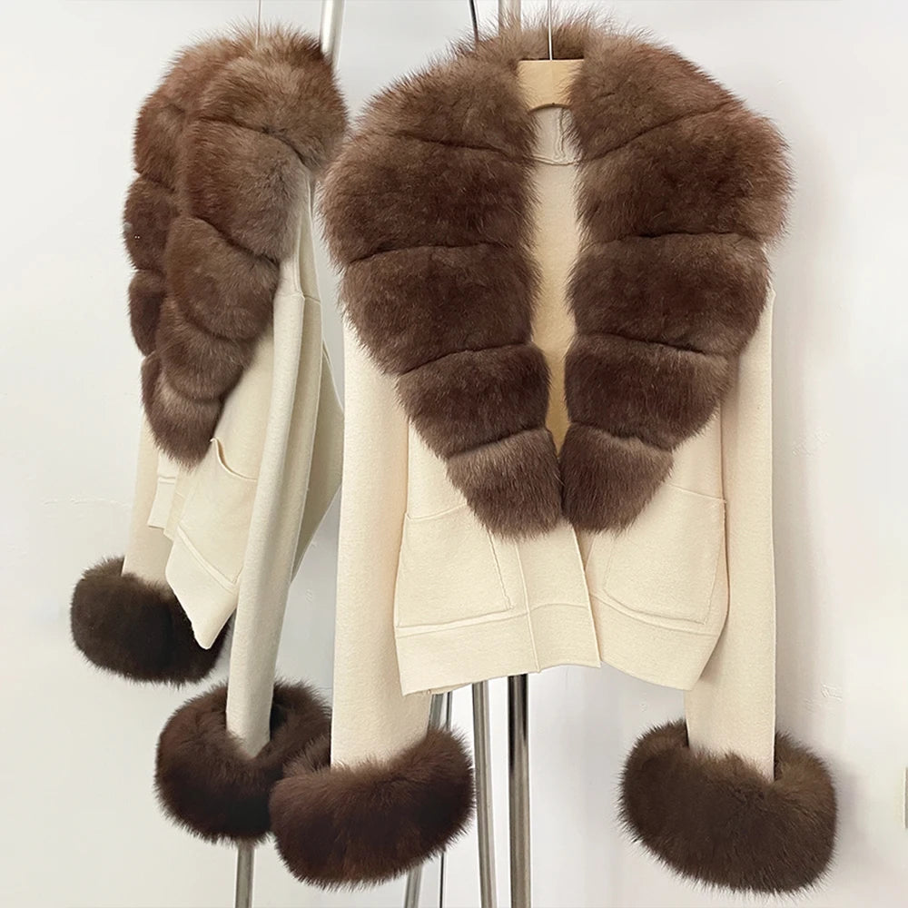 OFTBUY Loose Fit Warm Winter Fashion Lady Outerwear Sweater Female New Women's Knit Cardigan with Large Real Fox Fur Collar