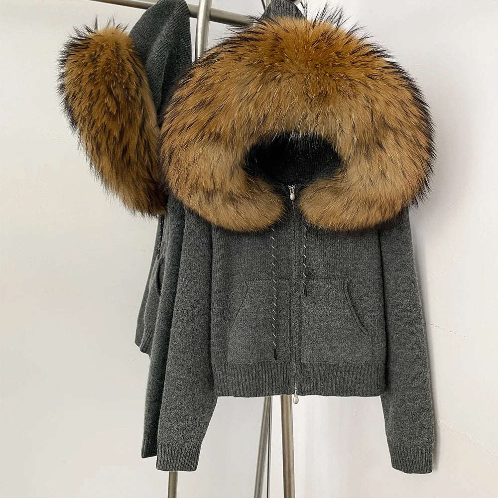 OFTBUY New Women's Beige Knit Hoodie with Large Real Fox Fur Trim Zipper Pockets Warm Winter Fashion Casual Outerwear Lady