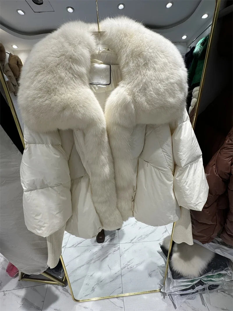 OFTUBY White Duck Down Jacket Winter Women Warm Loose Coat Natural Real Fox Fur Collar Thick Luxury Outerwear New Fashion