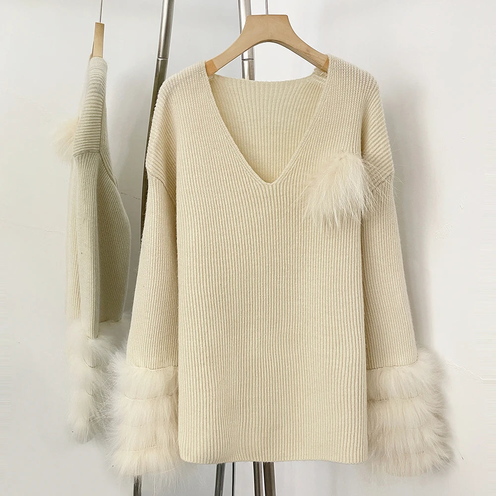OFTBUY New Women's Knit Sweater with Real Fox Fur Accents V-Neck Loose Fit Warm Winter Fashion Warm Pullover Outerwear Jacket