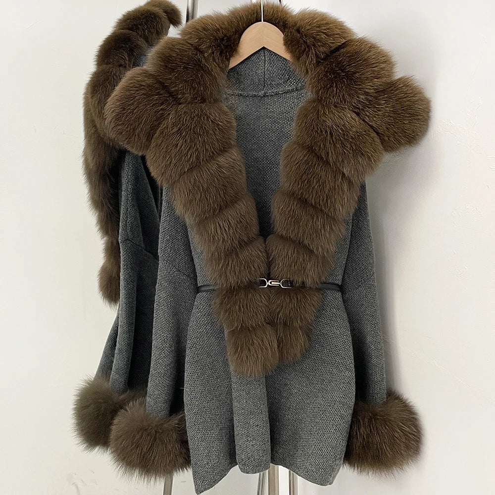 OFTBUY Belt Loose Fit Warm Winter Fashion Outerwear Natural Fur Sweater Female New Women's Knit Coat with Large Real Fox Fur