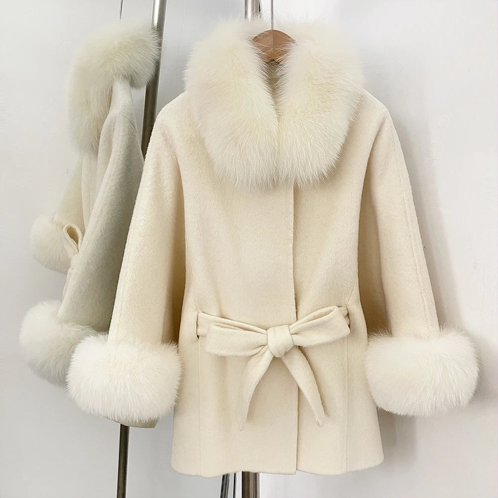 OFTBUY New Autumn Winter Top Clothes Women Fashion Warm Belt Real Fox Fur Double-Faced Wool Capr Jacket Female Loose Woolen Coat
