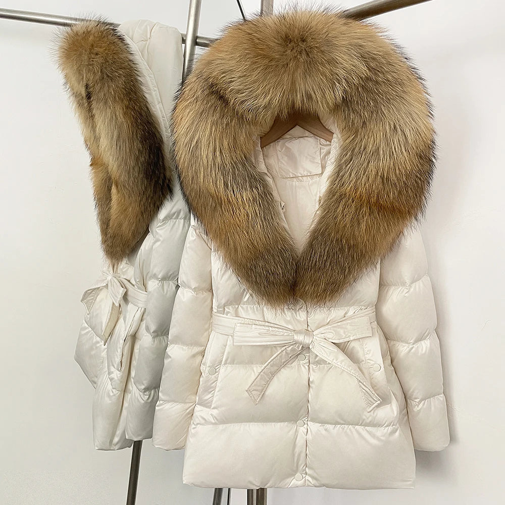 OFTBUY New Women's Duck Down Jacket with Large Real Fox Fur Hood Belted Waist Warm Winter Puffer Coat Lady Luxury Outerwear