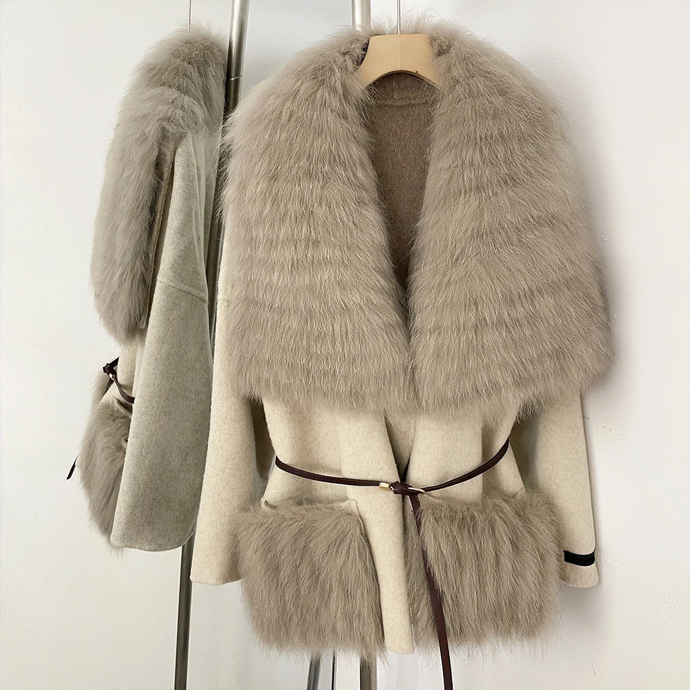 OFTBUY Fur Pockets Winter Luxury Outerwear Woolen Jacket Female New Women's Double Face Wool Coat with Large Real Fox Fur Collar