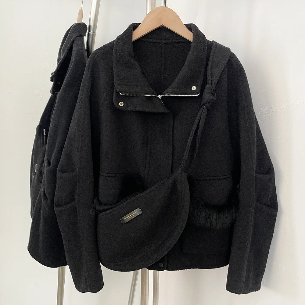 OFTBUY Short Zipper Real Fox Fur Woolen Jacket Fashion Casual Long Sleeves Woo Coat Female with Bag New Autumn Clothes Women