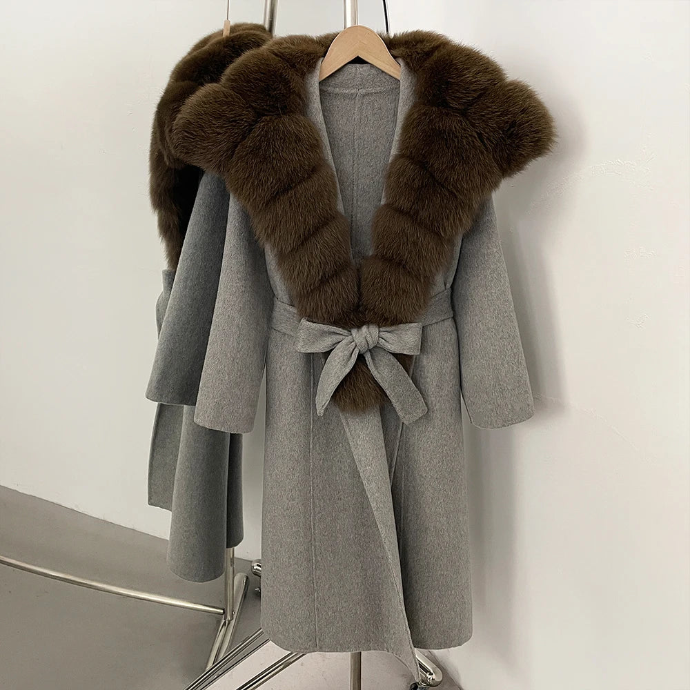 OFTBUY Long Belt Real Fur Wool Coat Female New Autumn Winter Warm Clothes Women Natural Fox Fur Collar Cashmere Woolen Jacket