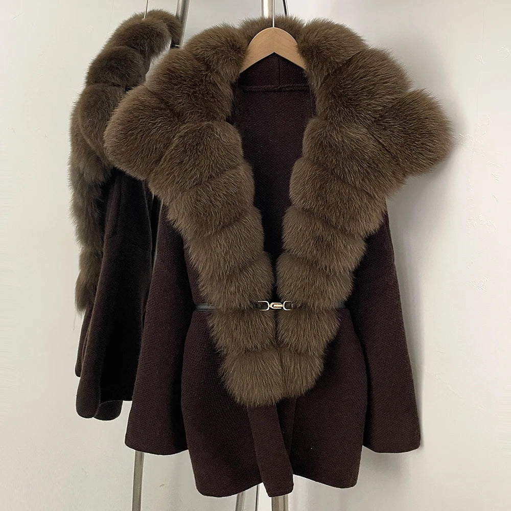 OFTBUY Fashion Belt Warm Sweater Female Natural Fur Loose Cadigan Coat Women Medium Length Knit Jacket with Real Fox Fur Collar