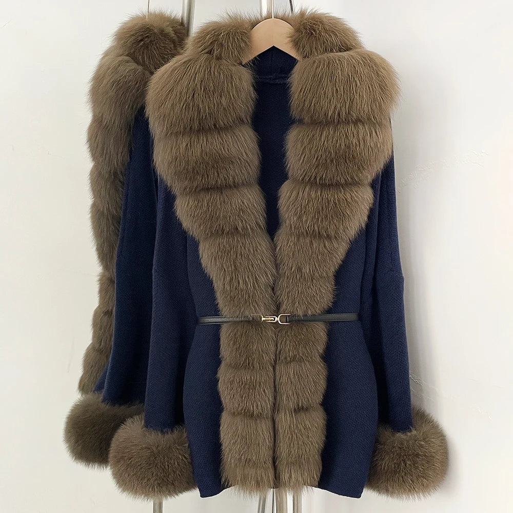 OFTBUY Belt Textured Knit Warm Winter Luxury Outerwear Female Sweater Cardigan New Women's Knit Coat with Large Real Fox Fur