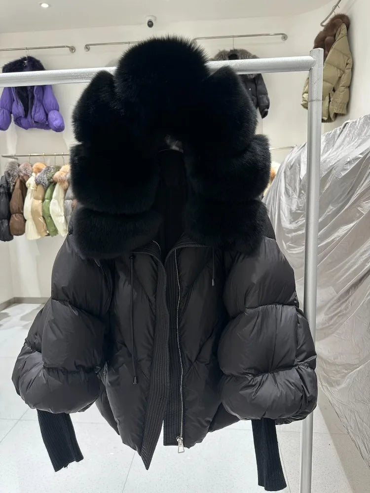 OFTBUY New Winter Large Real Fur Hooded Puffer Jacket Women Thicken Warm Knitted Sleeve Coat Lady White Duck Down Mid Long Parka