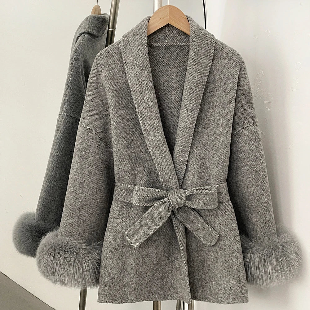 OFTBUY Belted Warm Winter Elegant Fashion Outerwear Wool Jacket Lady New Women's Double-Faced Wool Coat with Real Fox Fur Cuffs