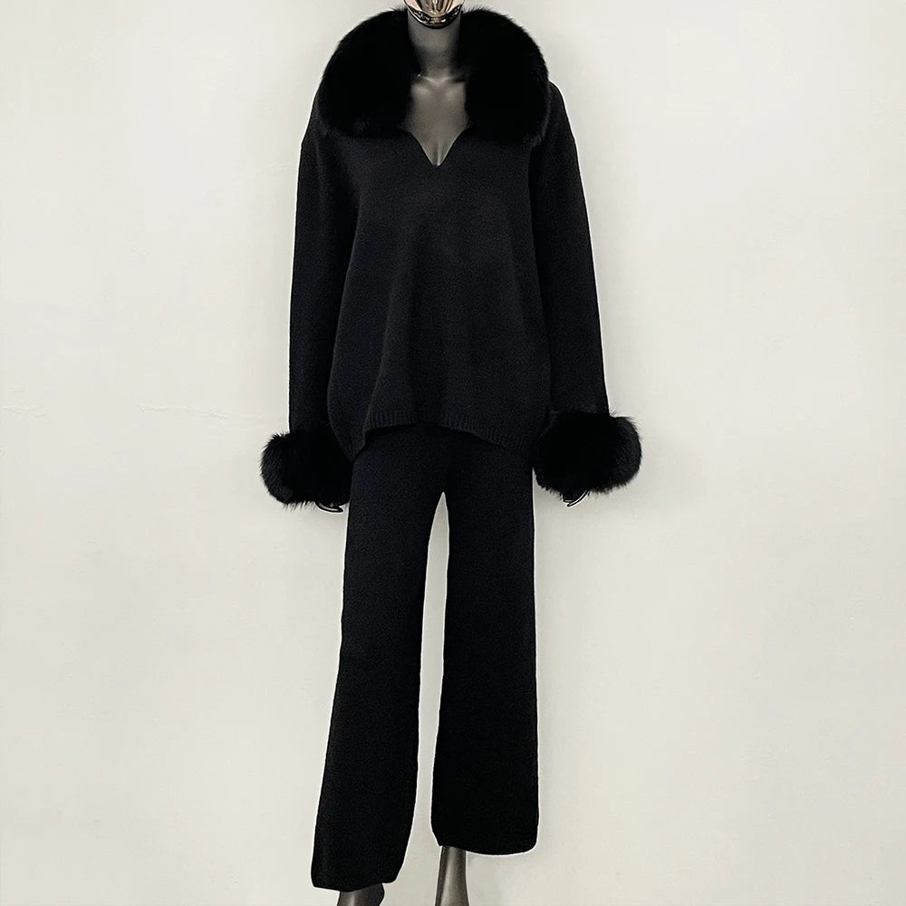 OFTBUY Loose Pants Warm Winter Elegant Casual Outfit Sweater Female New Women's Knit Two Piece Set with Real Fox Fur Collar