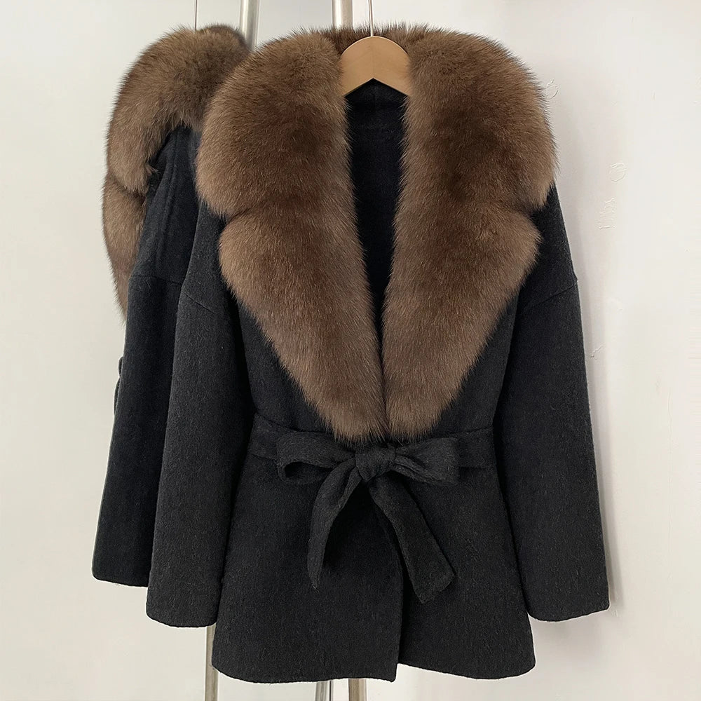 OFTBUY Belted Warm Winter Elegant Fashion Outerwear Lady New Women's Double-Faced Wool Coat with Large Real Fox Fur Collar Cuffs