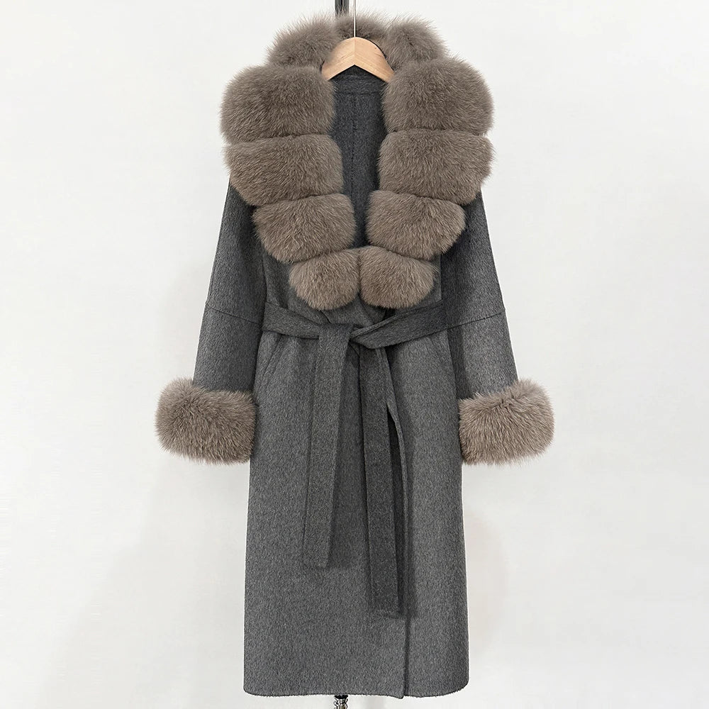 OFTBUY New Women's Double-Faced Wool Coat with Large Real Fox Fur Belted Warm Winter Luxury Fashion Outerwear Woolen Jacket Lady