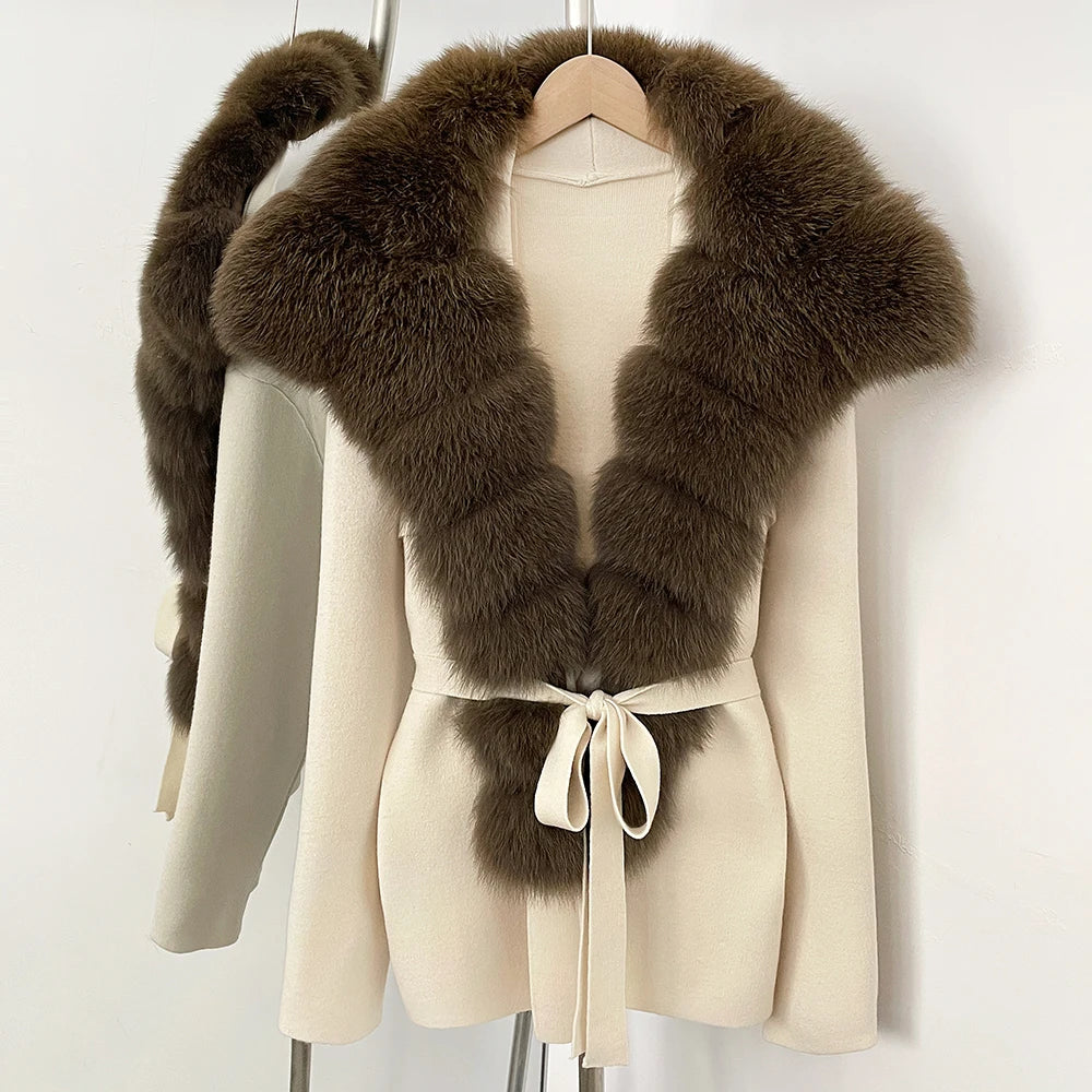 OFTBUY New Women's Knit Cardigan with Oversized Real Fox Fur Collar Belt Luxury Warm Winter Outerwear Sweater Jacket Female