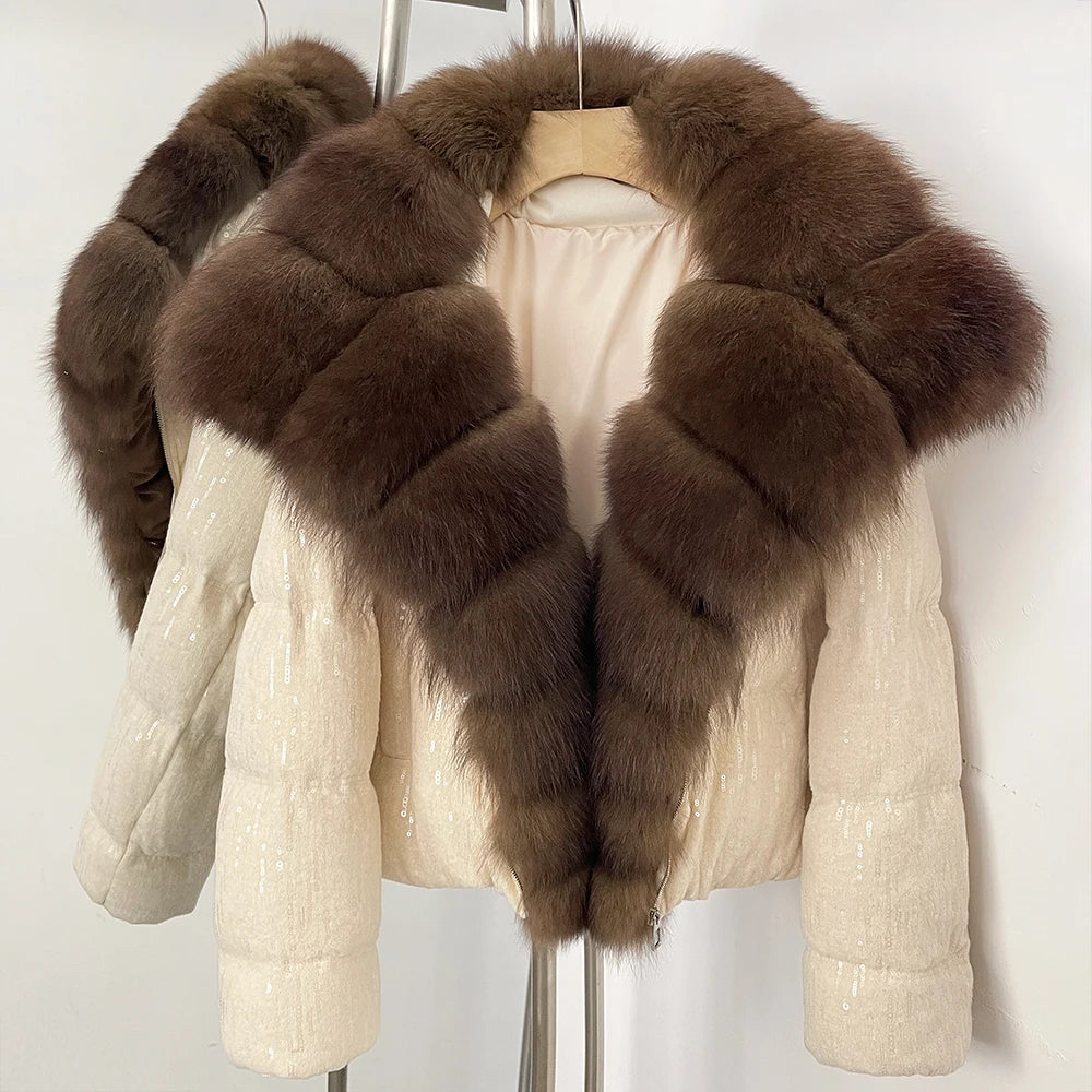 OFTBUY Sequined Duck Down Coat Female New Women's Short Puffer Jacket with Real Fox Fur Collar  Luxury Sparkly Winter Outerwear