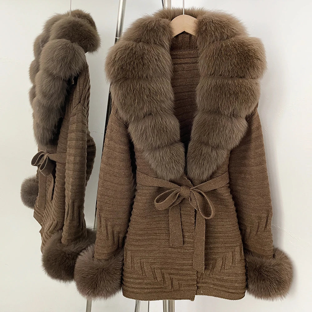 OFTBUY Belted Waist Striped Texture Pockets New Women's Knit Coat with Large Real Fox Fur Collar Winter Luxury Elegant Outerwear