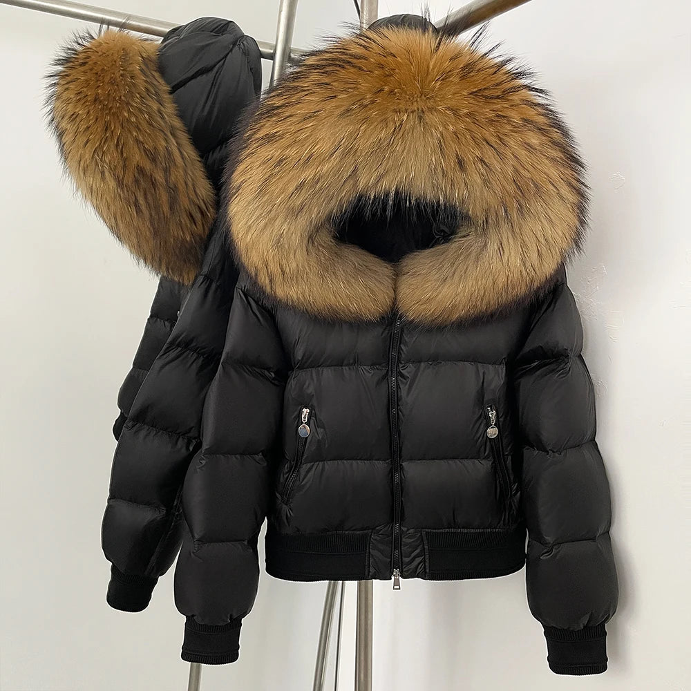OFTBUY Big Natural Raccoon Fur Fluffy Puffer Jacket Women Knit Cuff Real Fur Collar White Duck Down Coat New Winter Top Clothes