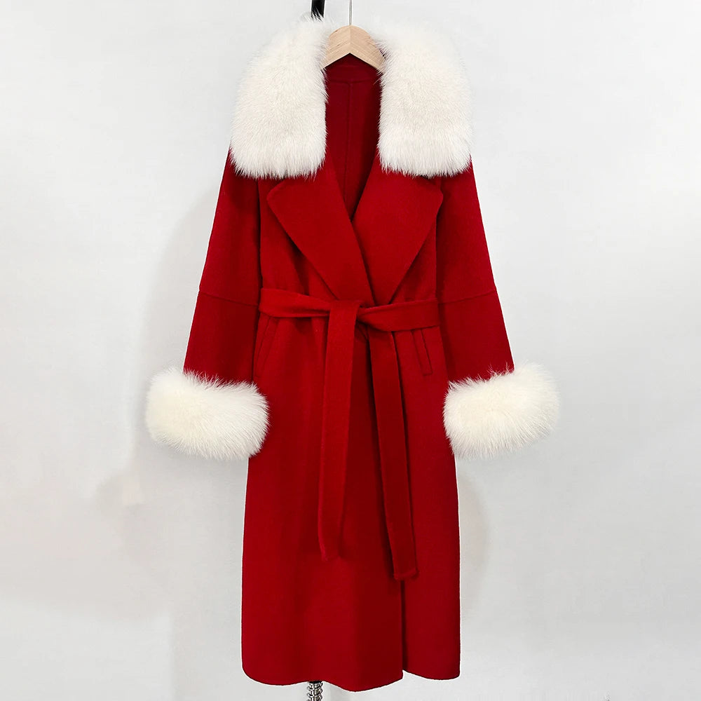 OFTBUY Fashion Warm Wool Coat with Real Fox Fur Collar New Autumn Winter Long Clothing Women Belt Elegant Woolen Jcacket Female