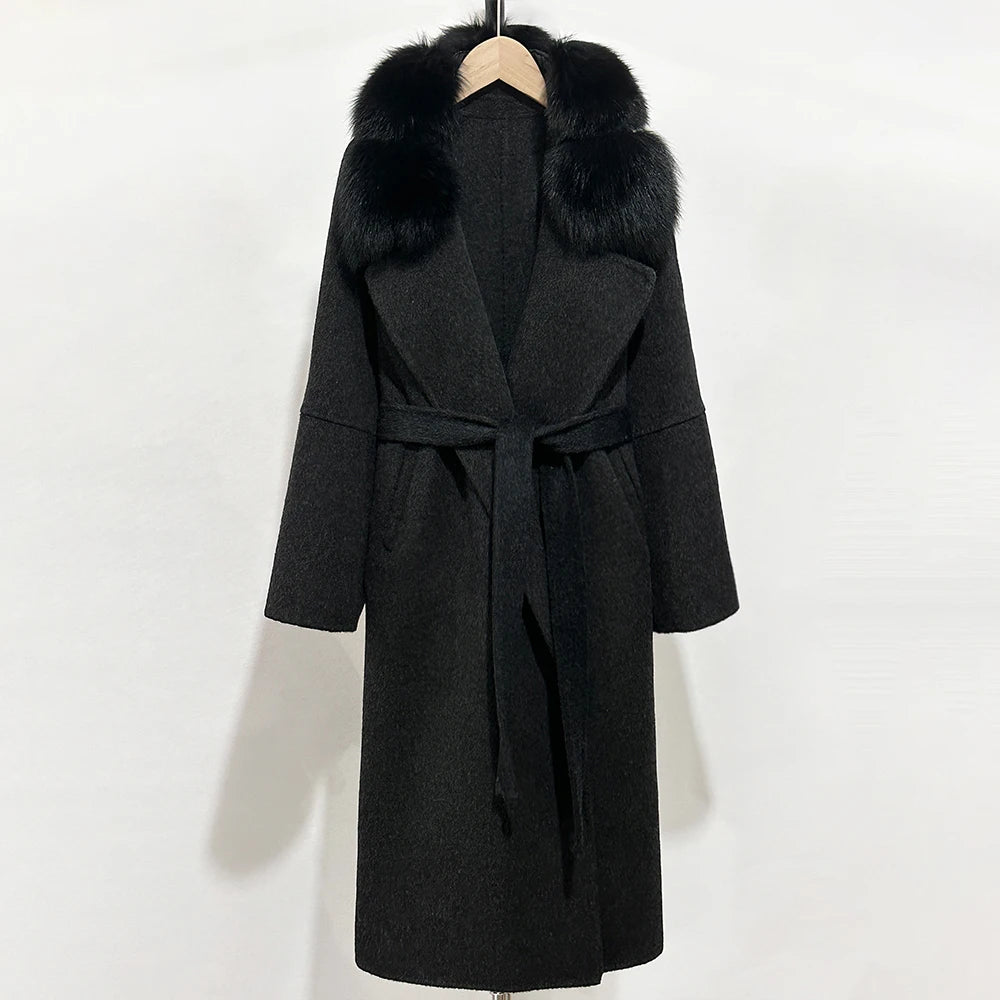 OFTBUY Belted Long Warm Winter Elegant Fashion Outerwear New Women's Double-Faced Wool Coat with Real Fox Fur Collar