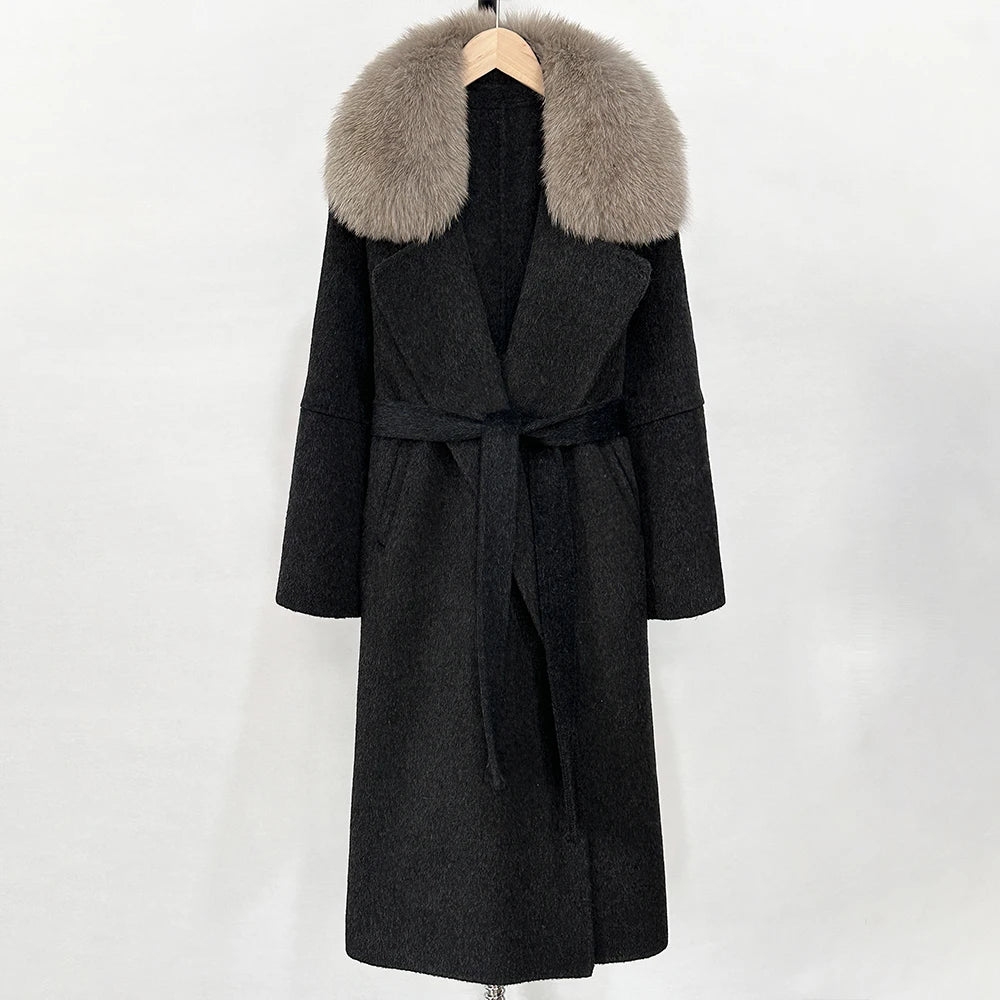 OFTBUY New Autumn Winter Long Clothing Women Fashion Warm Wool Coat with Real Fox Fur Collar Belt Elegant Woolen Jcacket Female