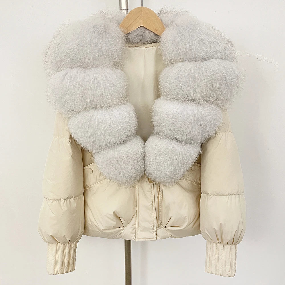 OFTBUY Luxury 90% Duck Down Puffer Jacket with Oversized Real Fox Fur Collar - Short Tiered Winter Coat