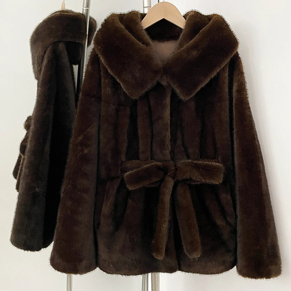 OFTBUY Wholesale Hooded Belt Faux Fur Coat Female Thickened Warm Fluffy Fake Fur Jacket Women New Winter Long Sleeve Fur Clothes Female