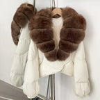 OFTBUY New Winter Real Fox Fur Short Puffer Jackets Women Natural Thick Warm 90% White Duck Down Cropped Loose Waterproof Coat